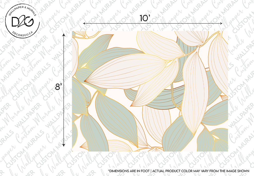 Decorative Lush Leaves Wallpaper Mural from Decor2Go Wallpaper Mural featuring a pattern of stylized light green and golden leaves on a soft gray background, within a frame displaying the dimensions 10' by 8'.