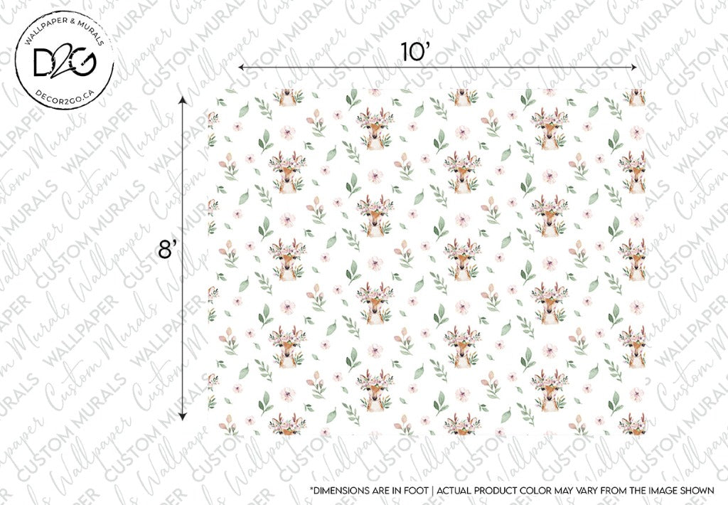 A Deer Pattern Wallpaper Mural design featuring small pink flowers and green leaves distributed evenly on a light green background, perfect for nursery decor. The image includes dimensions, measuring 10 by 8 feet.
