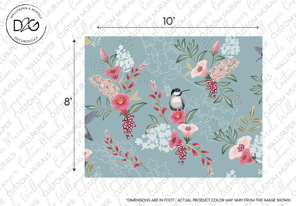 Decor2Go Wallpaper Mural featuring a pattern of pink flowers, red berries, and Hummingbirds on a pale blue background with dimensional markings along the top.