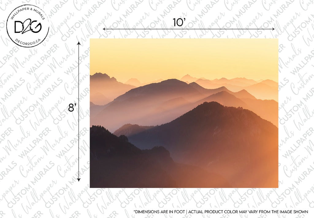 A tranquil sunset over multiple layers of mountain ridges with a gradient of blue to orange hues in the sky, dimensions indicated for sizing the *Sunset on the Mountains Wallpaper Mural* by *Decor2Go Wallpaper Mural*.