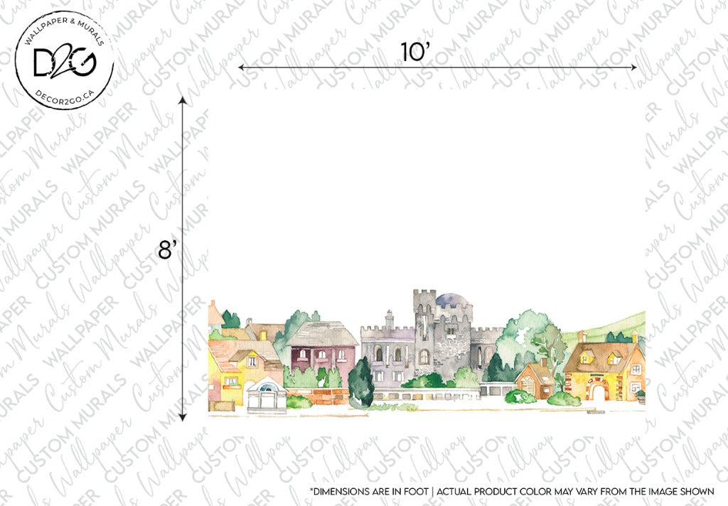 Illustration of a quaint fairytale world scene featuring a castle, houses, and greenery, bordered by a measurement guide indicating the size of 10 inches by 8 inches with Decor2Go Wallpaper Mural's Watercolor Castle Wallpaper Mural.