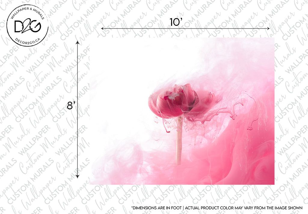 Artistic image of a pink and white blended cloud-like background featuring a single abstract swirling rose in a sophisticated aesthetic deep pink shade, with measuring dimensions marked for size reference. This is the Floral Blush Wallpaper Mural from Decor2Go Wallpaper Mural.