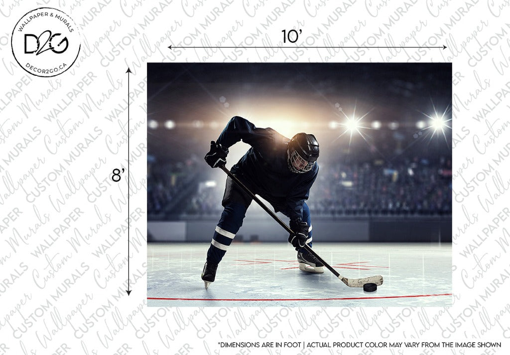 A hockey player in blue gear practices on an empty ice rink with illuminated stadium lights in the background. This Decor2Go Wallpaper Mural also shows measuring lines indicating dimensions around the image.