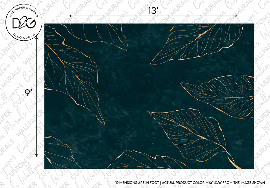 Design template featuring a dark teal background with a pattern of Decor2Go Golden Leaves Wallpaper Mural, measuring 13 by 9 inches. Note on variations in actual product color is included.