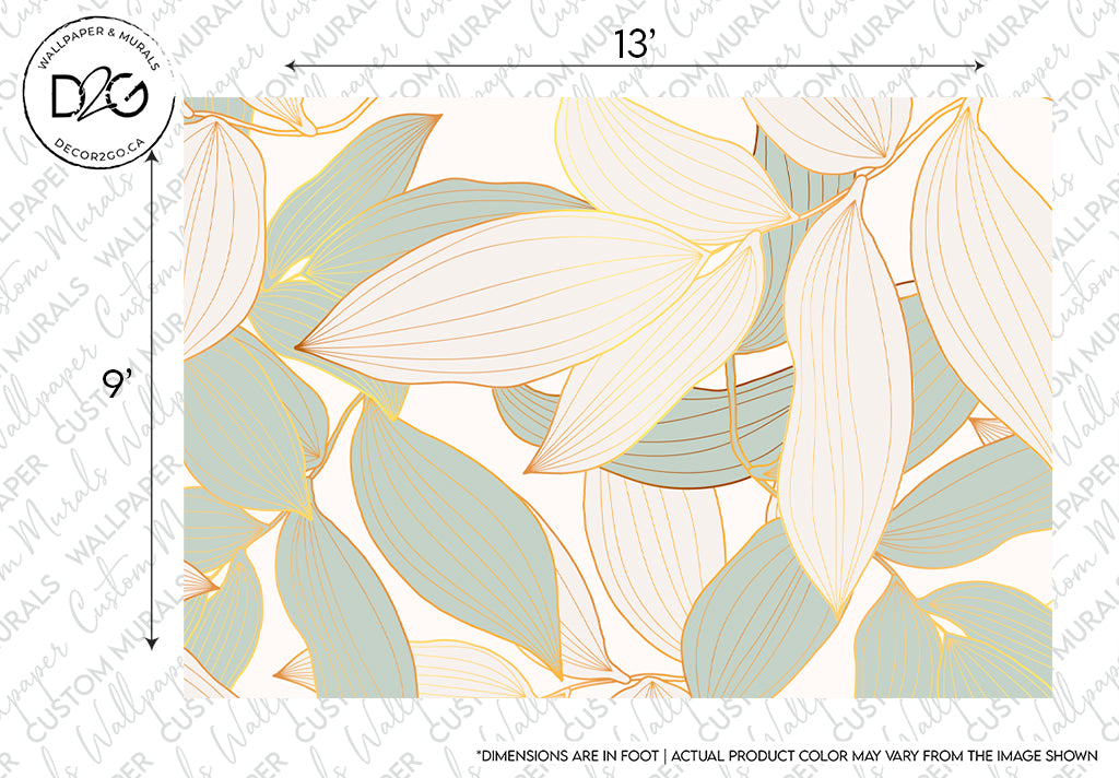 Seamless botanical pattern featuring stylized golden and pastel blue leaves on a light background, with a scale marker. The Decor2Go Wallpaper Mural Lush Leaves design includes a logo and text indicating dimensions.