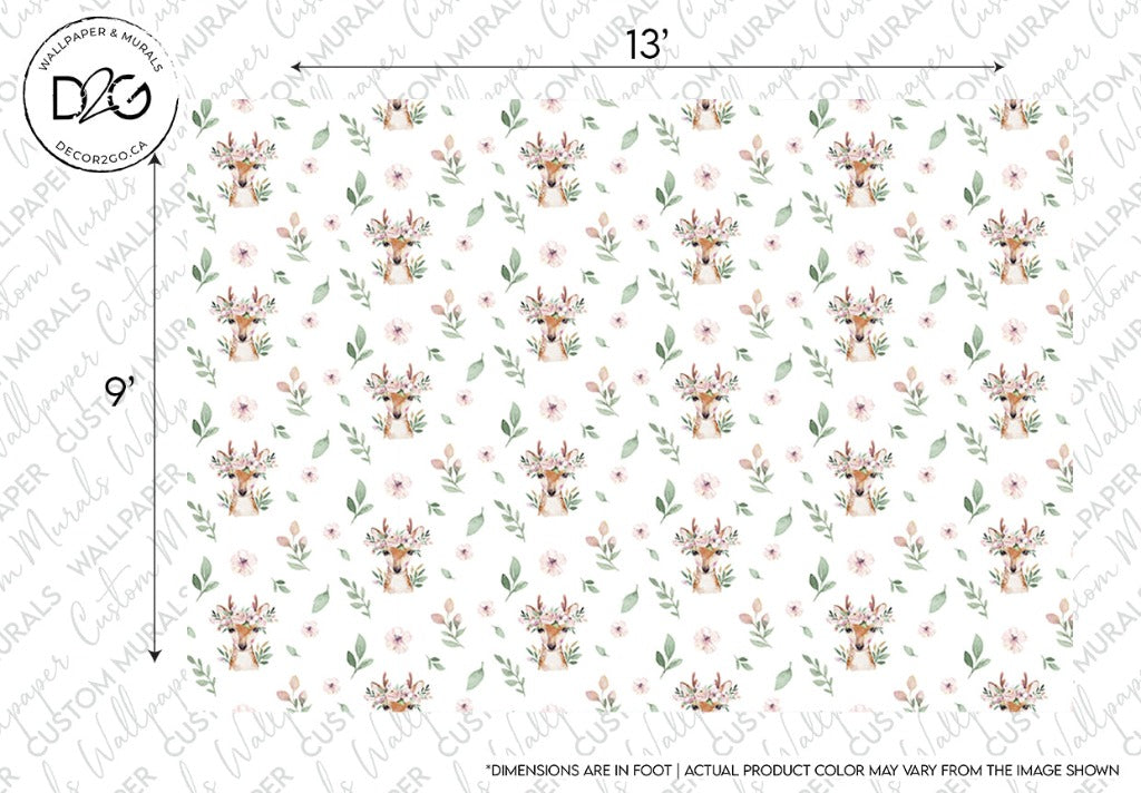Pattern design featuring regularly spaced pink flowers with green leaves on a white background, now enhanced with Deer Pattern Wallpaper Mural for charming nursery wall decor, dimensions marked as 13 feet by 9 feet.