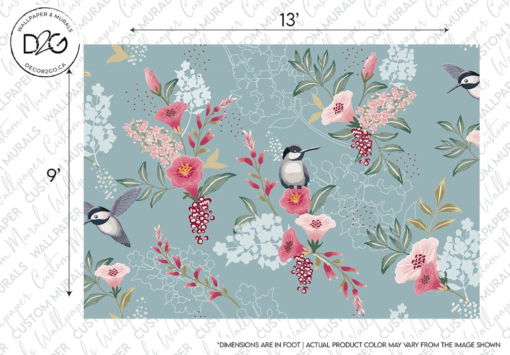 A Decor2Go Wallpaper Mural featuring an elegant pattern of pink flowers with red berries and green leaves, interspersed with images of small black and white hummingbirds, on a soft gray background.