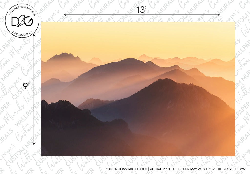 A panoramic wallpaper image depicting layered mountain silhouettes under a Sunset on the Mountains Wallpaper Mural sky, transitioning from warm orange to soft blue, creating a tranquil ambiance from Decor2Go Wallpaper Mural.