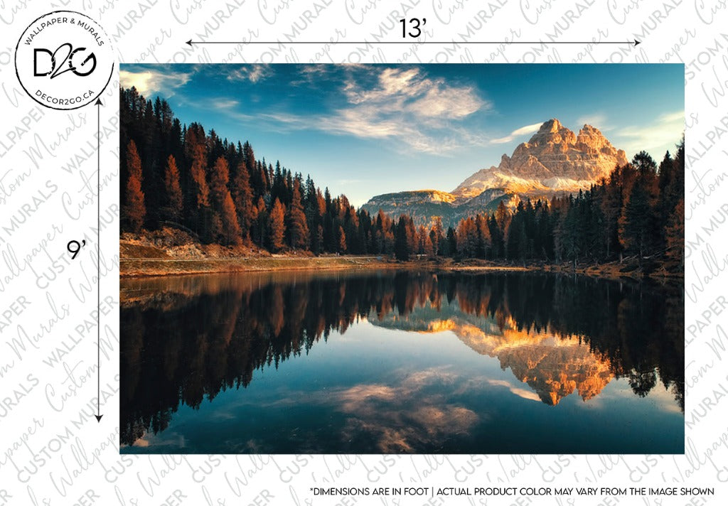 A tranquil retreat featuring a mountain reflected in a calm lake surrounded by autumn-tinted trees under a clear blue sky. Includes text and measurement indicators for Decor2Go Wallpaper Mural.