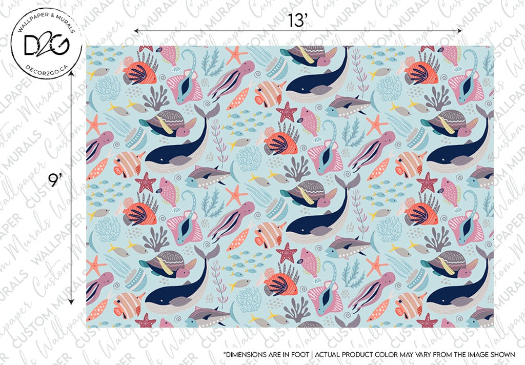 A colorful Underwater Adventure Wallpaper Mural design featuring a variety of whales, fish, and coral in blue, pink, and orange tones on a dotted light blue background, with dimensions and Decor2Go Wallpaper Mural logo displayed.