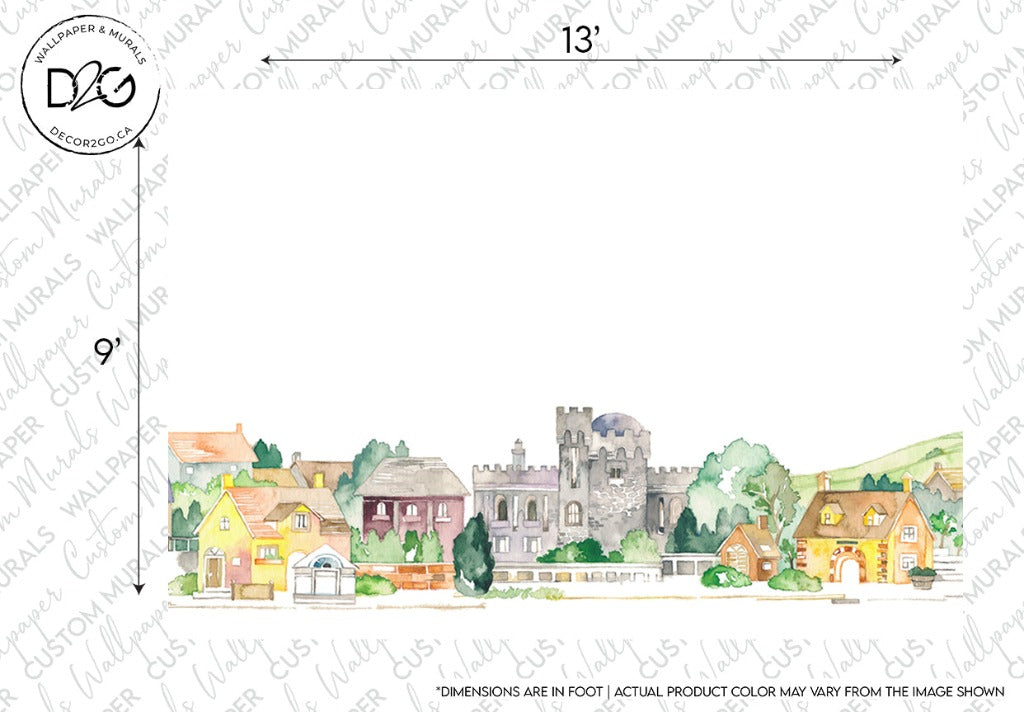 Watercolor illustration of a whimsical charm village street featuring the Watercolor Castle Wallpaper Mural, various houses, and trees. The image includes dimensions and a logo at the top left.