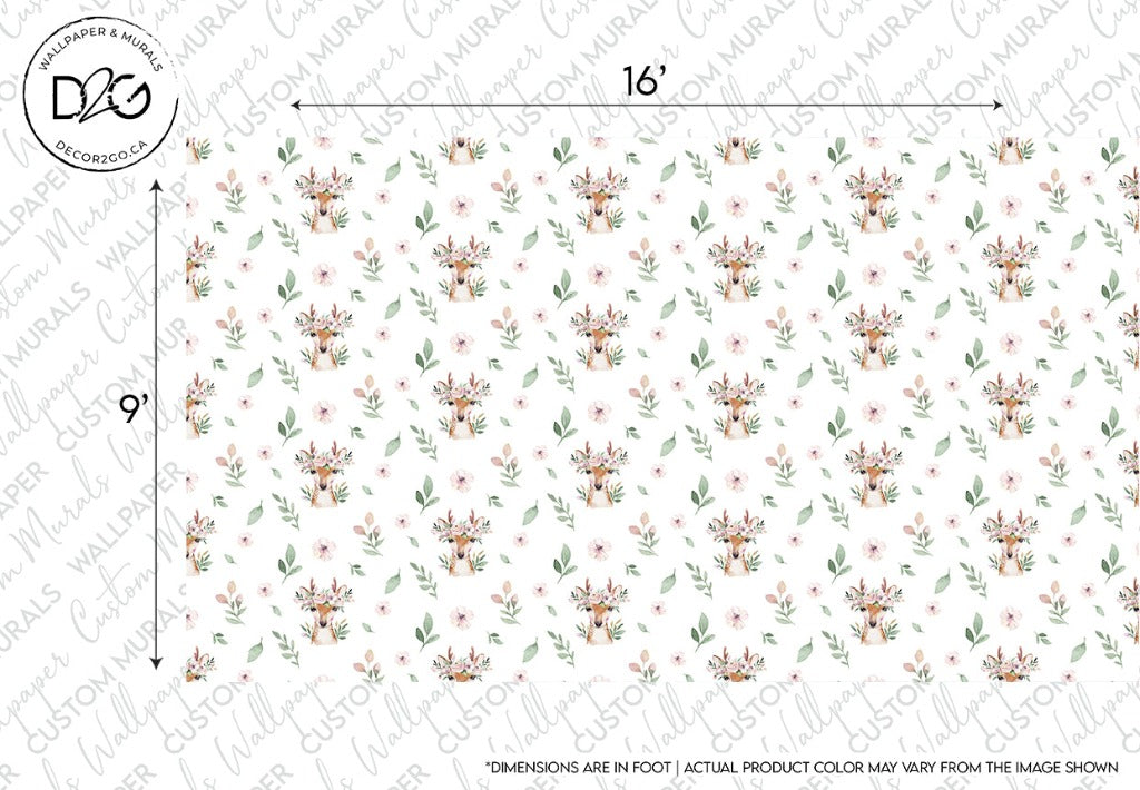 A Deer Pattern Wallpaper Mural featuring a repeating pattern of small pink flowers and green leaves on a white background, ideal for a child's room, with dimensions marked as 16 inches by 9 inches by Decor2Go Wallpaper Mural.