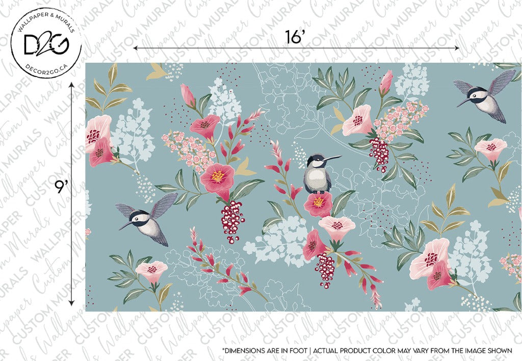 Decor2Go Wallpaper Mural, featuring Hummingbirds Wallpaper design with pink flowers and berries on a soft blue background, includes a 16-inch measurement scale for reference.