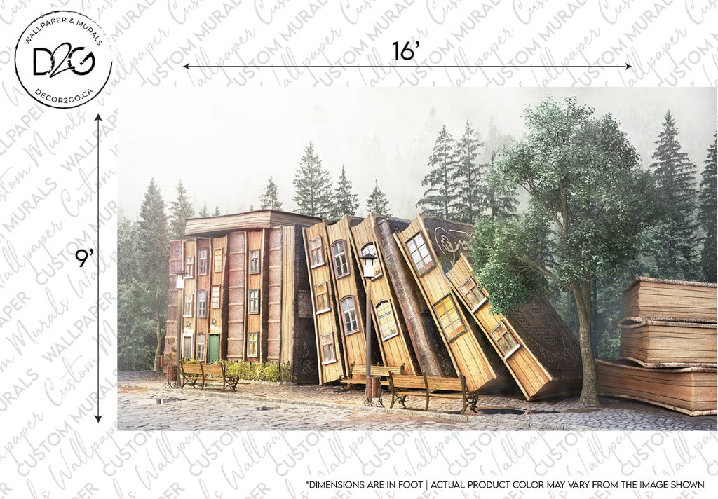 A whimsical mural design of the "Decor2Go Wallpaper Mural," featuring oversized books leaning against and integrated within an apartment building, set in a serene environment with trees, under a clear sky