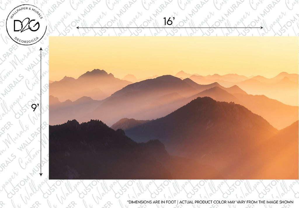 A serene Sunset on the Mountains Wallpaper Mural depicting layers of mountain silhouettes against an orange-yellow gradient sky during sunrise or sunset, with dimensions marked as 16 feet by 9 feet. Created by Decor2Go Wallpaper Mural.
