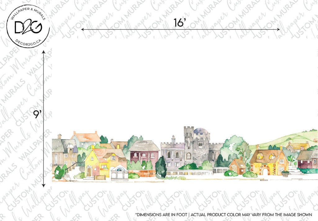 Watercolor illustration of a quaint village street featuring various houses and a Fairytale Castle Wallpaper Mural in the background, framed within size markers and design notes along the borders. (Brand Name: Decor2Go Wallpaper Mural)