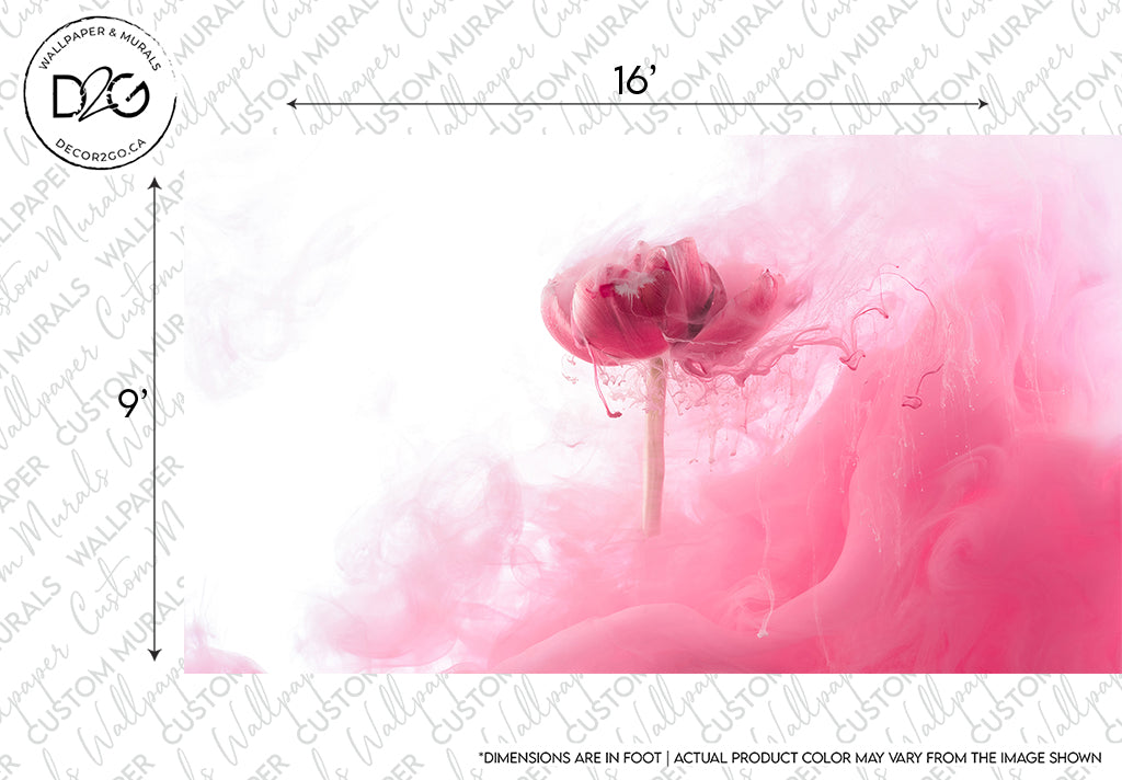 Abstract art of a pink Floral Blush Wallpaper Mural design by Decor2Go dissolving in water, set against a white background with size dimensions labeled.