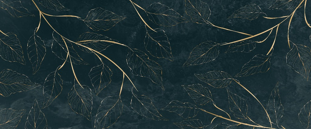 Elegant dark teal background with Decor2Go Wallpaper Mural's Golden Leaves Wallpaper Mural, creating a sophisticated, botanical artistic wallpaper.