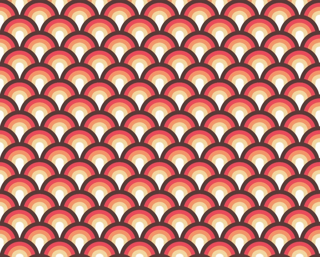 Retro Bedroom with wallpaper in the background in color as brown, orange and yellows in arcs