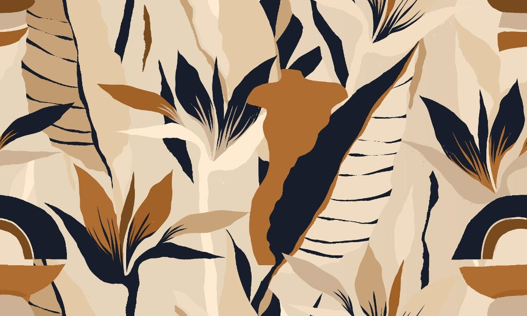 tropical and neutral style in the back wall a Abstract Exotic Jungle wallpaper mural. Orange and Dark gray color wallpaper on the cream taupe background