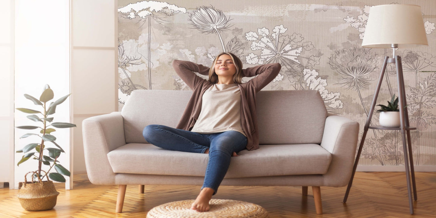 Relaxing atmosphere in the living room with a soft wallpaper