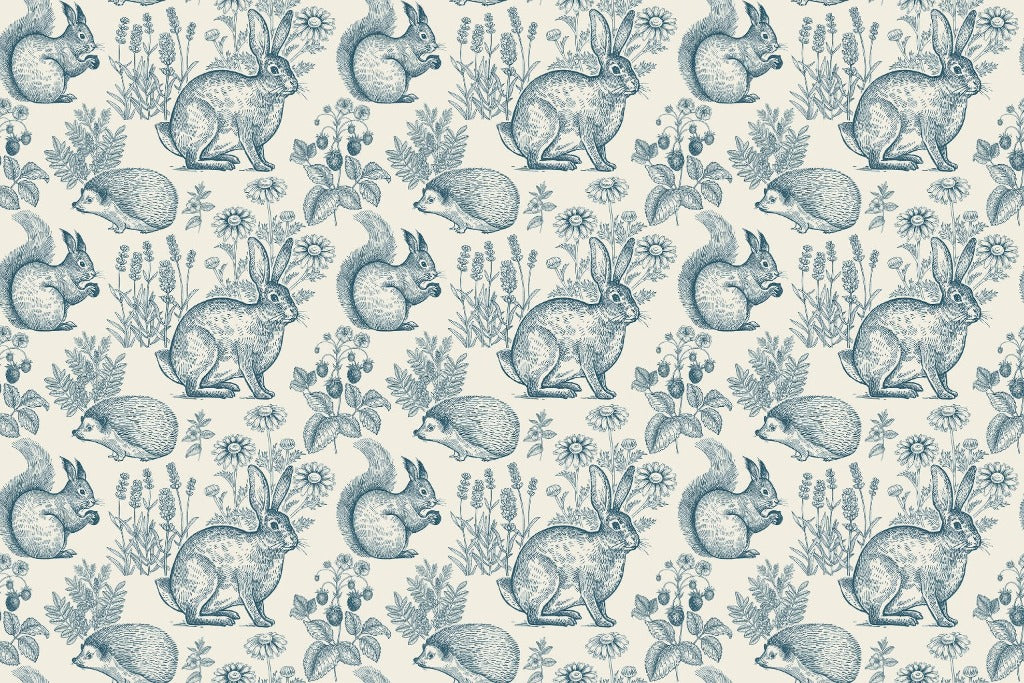 Forest animals and plants seamless pattern. Hare, hedgehog, squirrel, berries strawberry, flowers lavender and chamomile