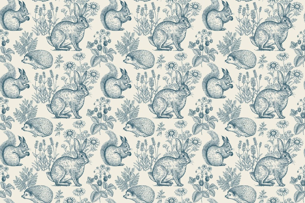 Forest animals and plants seamless pattern. Hare, hedgehog, squirrel, berries strawberry, flowers lavender and chamomile