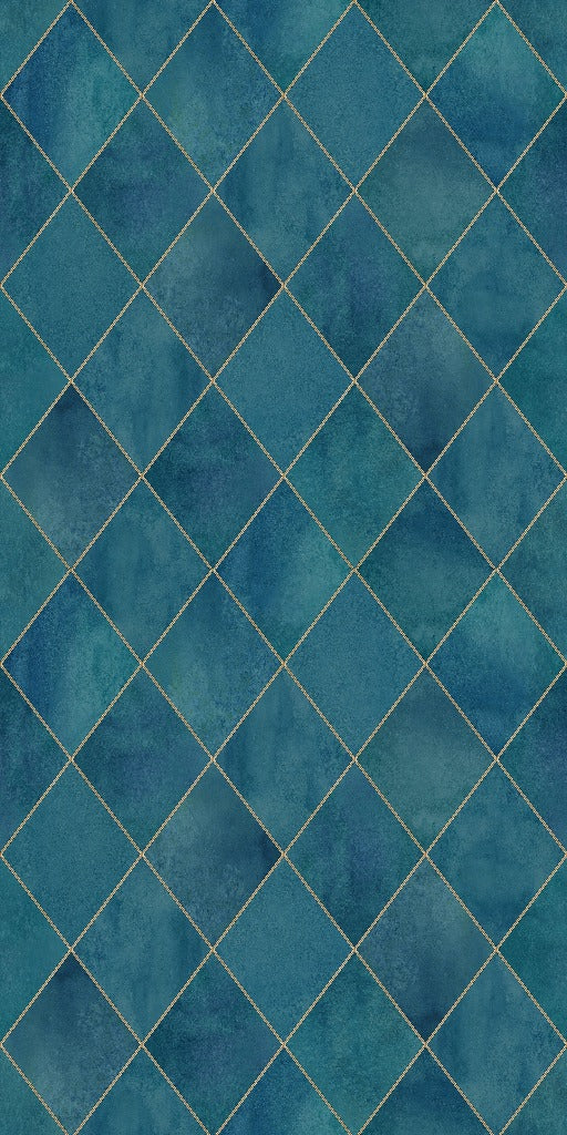A pattern featuring blue textured tiles arranged in an Argyle Geometric Watercolor Art Wallpaper Mural, separated by thin gold lines, creating a continuous geometric design from Decor2Go Wallpaper Mural.