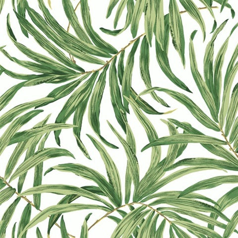 A contemporary design featuring green palm leaves painted in watercolor style, overlaid and crisscrossing each other on a white background, featuring the Bali Leaves Wallpaper (60 SqFt) by York Wallcoverings.
