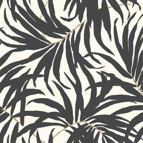 A graphic pattern featuring black zebra stripes on a beige background with occasional intersecting golden lines and palm leaves, creating a contemporary and wild design. Check out the York Wallcoverings Bali Leaves Wallpaper (60 SqFt).