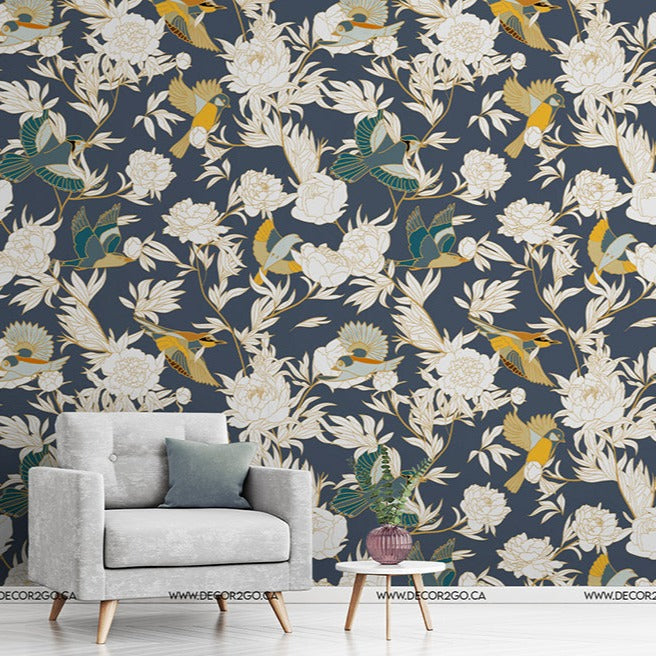 Grey chair with a wallpaper with flowers and birds design wallpaper