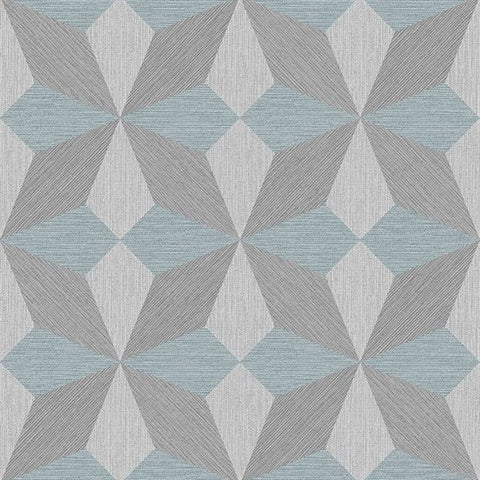 A geometric pattern featuring a repetitive design of interlocking diamonds in shades of gray and light blue, textured to appear like Aqua Cerium Concrete Geometric Wallpaper (56 SqFt) by York Wallcoverings.