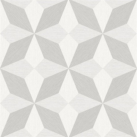 A geometric design featuring a series of interconnected diamond shapes in shades of gray. The diamonds create a three-dimensional optical illusion, forming hexagonal and star-like shapes, giving the Contemporary Silver and Grey Geometric Wallpaper (56 SqFt) by York Wallcoverings a visually complex and textured appearance that exudes modern elegance.