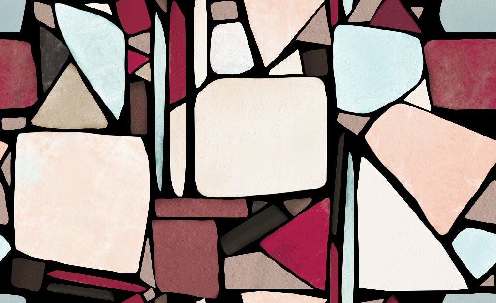 Abstract gothic stained glass design featuring geometric shapes in shades of red, pink, black, and white created by Decor2Go Wallpaper Mural's Chic Mosaic Wallpaper Mural.