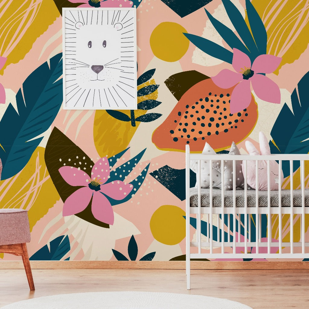 Nursery room with Collage Contemporary Floral Wallpaper Mural from Decor2Go Wallpaper Mural, featuring flowers and leaves, a white crib containing plush toys, a pink armchair, and a draped blanket on the side.
