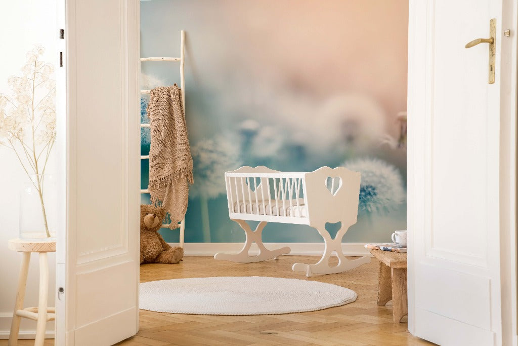 A cozy nursery room with an open door, featuring a white crib, round rug, and a soft chair, with soft natural light and Decor2Go Wallpaper Mural enhancing a warm, inviting atmosphere.