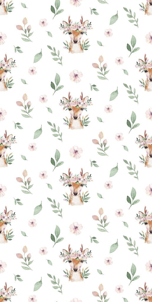A seamless deer pattern featuring clusters of pink flowers and green leaves on a white background, creating a delicate and refreshing design ideal for a child's room by Decor2Go Wallpaper Mural.