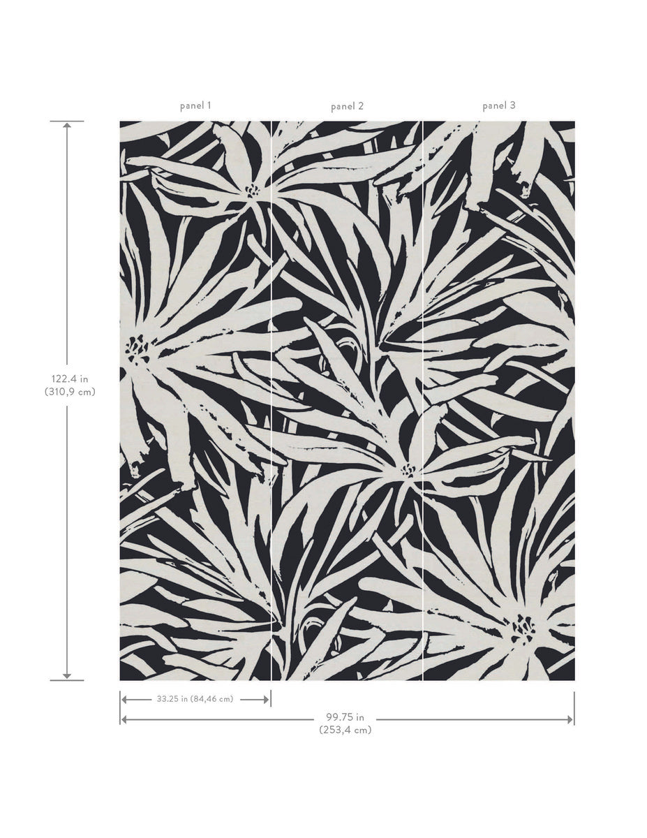 Floral Canopy Black Wallpaper Mural by York Wallcoverings features large abstract leaf patterns in black and off-white, split into panels 1–3. Ideal for a feature wall, it measures 122.4" H x 99.75" W.