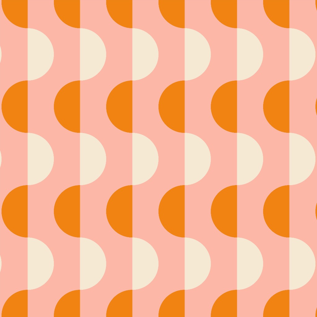 A seamless geometric pattern featuring vertical stripes in shades of pink and coral with alternating rows of white oval shapes can be found in the Flowing Forms Wallpaper Mural by Decor2Go Wallpaper Mural.