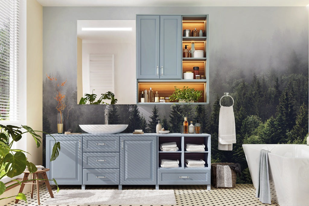 Foggy Forest Wallpaper Mural in the bathroom