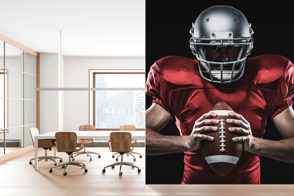 Split image: on the left, a modern office meeting room with a table and chairs; on the right, a close-up of a Decor2Go Wallpaper Mural featuring a player in
