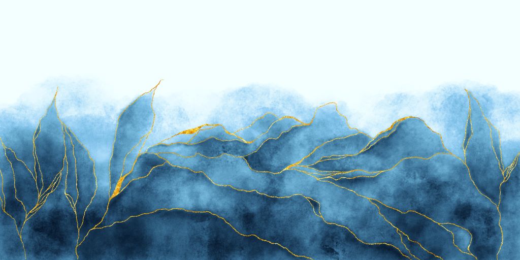 Abstract artwork featuring blue and gold tones. The scene suggests an icy glacier landscape with overlapping hills and foliage, vivid detail outlined by gold accents. Soft gradients of blue create a cool, dreamy atmosphere, while golden lines add a touch of elegance. This is the Icy Glacier Wallpaper Mural from Decor2Go Wallpaper Mural.