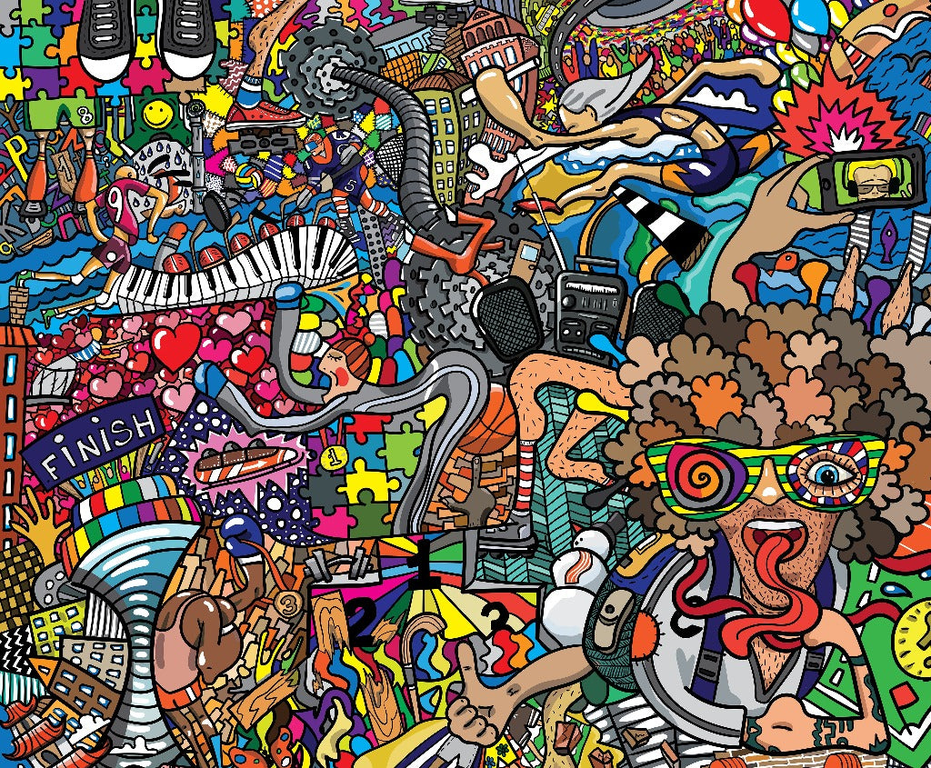 Colorful graffiti wallpaper mural, music theme minimalistic wallpaper