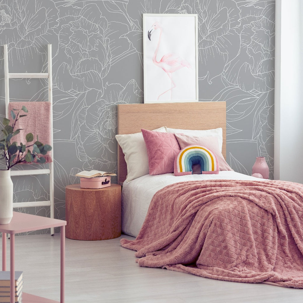Girls room pink and grey with floral wallpaper