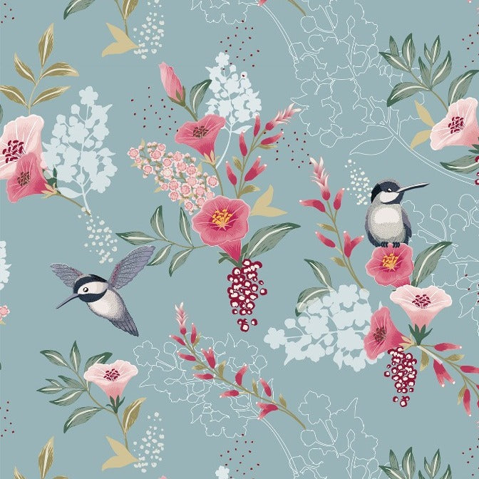 A floral pattern wallpaper featuring delicate pink flowers, red berries, green leaves, and two hummingbirds on a soft blue background. This is the Hummingbirds Wallpaper Mural by Decor2Go Wallpaper Mural.