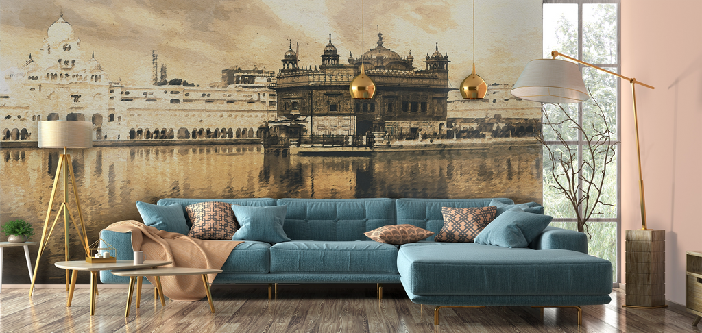 Luxury living room with gold fixtures and gold wallpaper of the city 