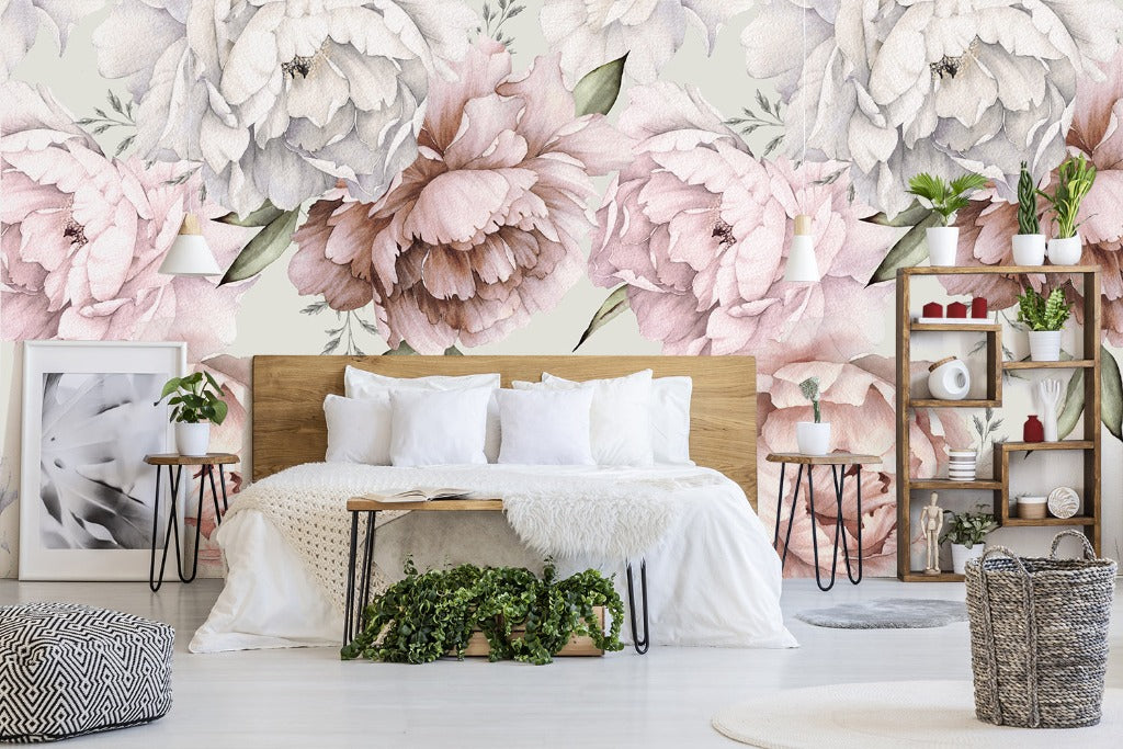 More Peonies Wallpaper Mural in the room pink and gray with geen leaves