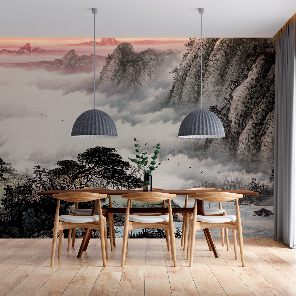 Mountain Peaks Wallpaper Mural in the dining room black and pink color