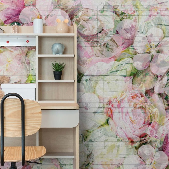 A cozy nook with a teddy bear seated on a desk, small potted plants, and assorted decor on white shelves against a Decor2Go Wallpaper Mural background.