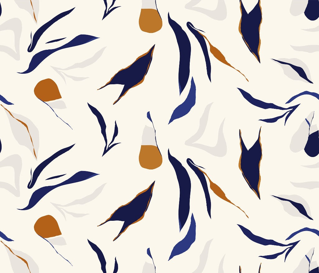 Sentence with replaced product:
Abstract seamless pattern featuring navy blue and terracotta organic shapes interspersed with light blue leaf-like figures on a white background, ideal for Decor2Go Wallpaper Mural designs.